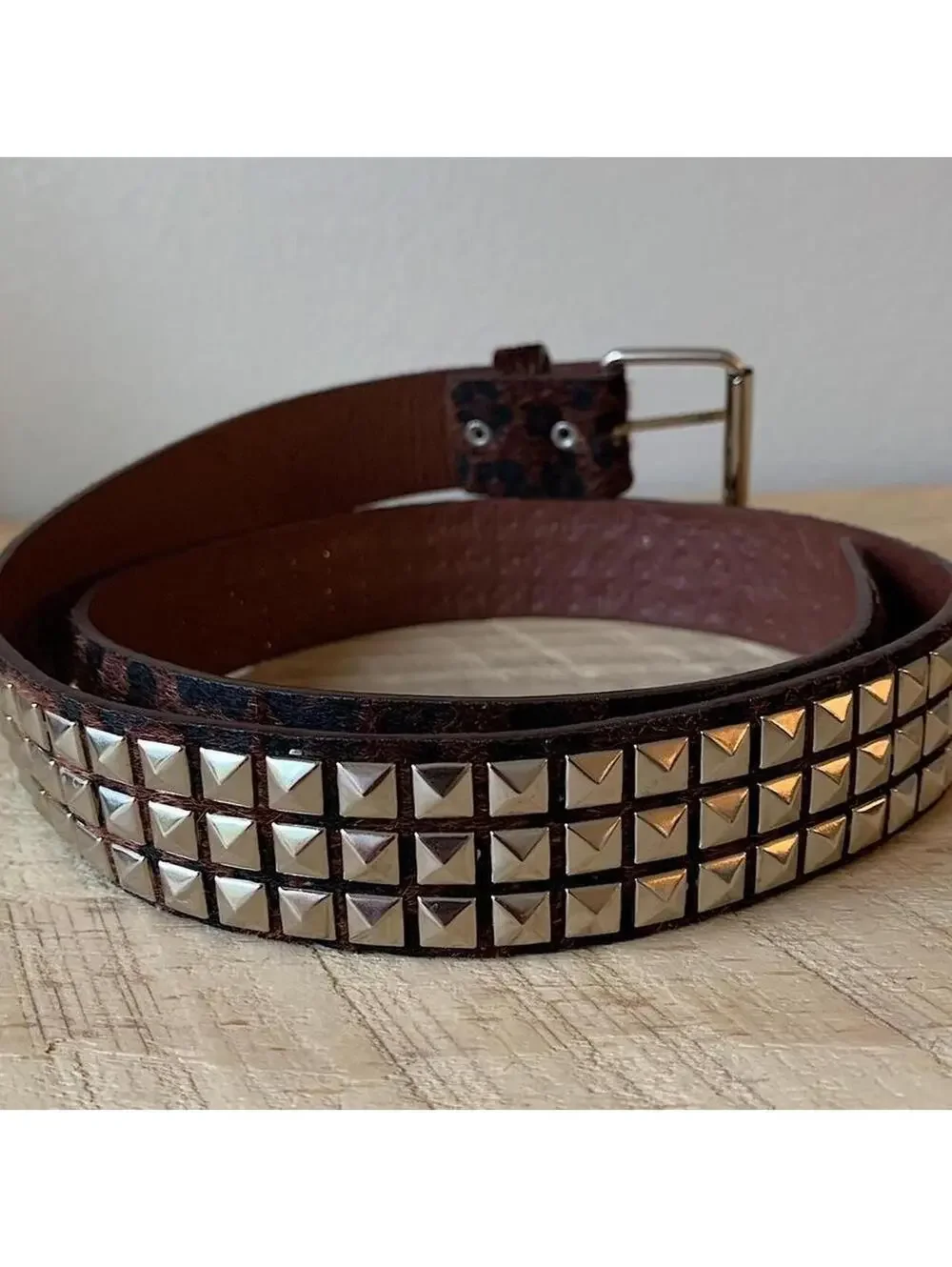 Y2k cyber 2000s style cheetah brown fur studded silver belt. 42 inches